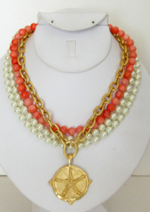 Coral & Pearl Handcast Gold Sand Dollar Pendant Necklace