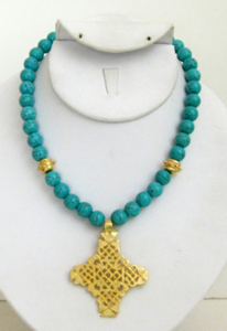 Turquoise Handcast Gold Cross Necklace