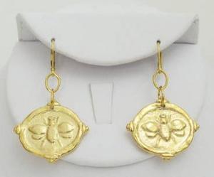 Handcast Gold Bee Intaglio Dangle Earrings